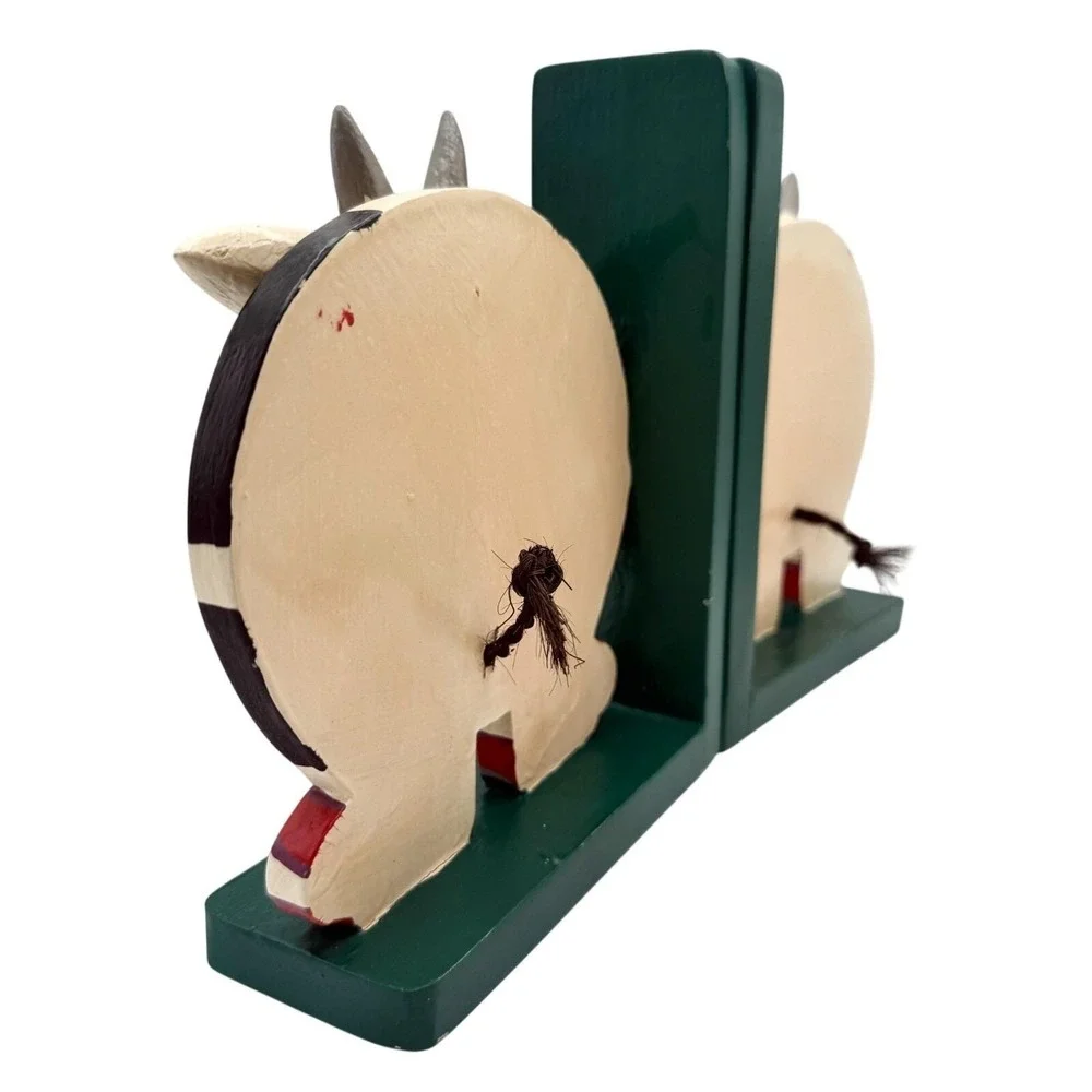 Vintage Folk Art Cow Bookends Handpainted Wood Lady Cows Pair Cottage Kitchen